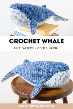 a crochet whale pillow sitting on top of a wooden stool