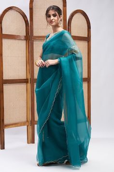 Turquoise pure silk organza saree with placement tree motifs, contrast resham and sequin embroidery. Comes with unstitched blouse piece. - Aza Fashions Sequin Embroidery, Blue Saree, Organza Saree, Sequins Embroidery, Silk Organza, Sarees Online, Blouse Piece, Aza Fashion, Pure Silk