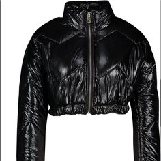 Black Latex Black Fitted Long Sleeve Puffer Jacket, Fitted Black Long Sleeve Puffer Jacket, Black Fall Puffer Jacket With Padded Collar, Black Puffer Jacket With Padded Collar For Fall, Black Puffer Jacket With Zipper For Spring, Black Puffer Jacket With Zipper Closure For Spring, Black Long Sleeve Puffer Jacket For Fall, Winter Outerwear With Zipper Closure For Night Out, Winter Outerwear With Zipper For Night Out