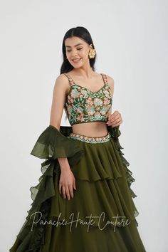 Mehendi Color Tiered Skirt with Crop Top – Panache Haute Couture Bohemian Green Georgette Choli, Elegant Ruffled Organza Sharara, Festive Tiered Skirt Sharara In Georgette, Elegant Green Lehenga For Summer, Elegant Tiered Sharara For Wedding, Green Dresses With Ruffled Flowy Skirt, Elegant Tiered Skirt Sharara For Wedding, Green Flowy Dress With Ruffled Skirt, Wedding Choli With Ruffles And Tiered Skirt