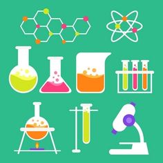 various laboratory equipment are shown on a green background, including beaks and flasks