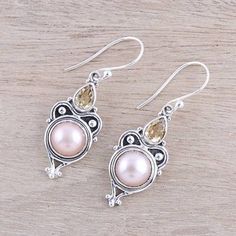 Cultured pearl and citrine dangle earrings, 'Pink Moon Sparkle' - Pink Cultured Pearl and Citrine Dangle Earrings from Citrine Jewellery Moulds, Valentines Ideas, Silver Earrings Handmade, Pink Moon, Silver Gemstone Jewelry, Earrings Pink, Silver Jewelry Rings, Fancy Jewelry, Pearl Earrings Dangle