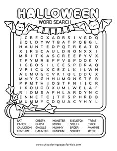 Word search puzzle in black and white with simple line drawings of a pumpkin and two cute bats holding a banner.. Has a list of 20 words that are halloween themed. Halloween Coloring And Activity Pages, Cute Activity Sheets, October Word Search For Kids, Older Kids Halloween Crafts, Halloween Coloring Printables Free, Halloween Activity Pages For Kids, Free Printable Halloween Activity Pages, October Printables For Kids, Free Printable Halloween Worksheets