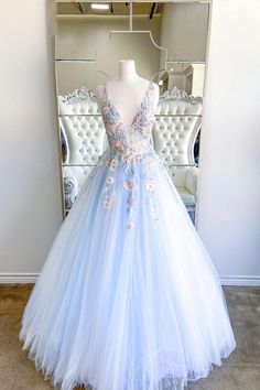 Blue V-Neck Tulle Lace Long Prom Dresses Blue V-neck Prom Gown, Spring Blue Ball Gown Dress, Blue Ball Gown For Spring, Blue Tulle Gown For Spring, Spring Blue Tulle Gown, Blue V-neck Evening Dress For Spring, Blue V-neck Spring Evening Dress, Light Blue V-neck Gown For Prom, Blue V-neck Gown For Wedding