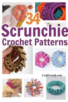 the cover of 34 crochet scrunchies, with pictures of them