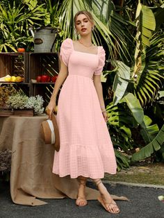 Pink Elegant Collar Short Sleeve Woven Fabric Plain A Line Embellished Non-Stretch  Women Clothing Designer Casual Dresses, Long Casual Dresses For Women, Pink Women Dress, Simple Pink Dress Long, Simple Dress Designing Ideas, Two Fabric Dress, Women Dress Design Style, Pretty Modest Dresses, A-line Dresses