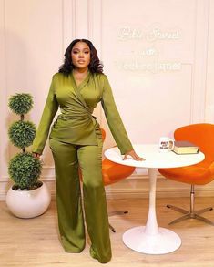 Introducing our stunning Green Satin Wrap Trouser Set, the perfect addition to any fashion-forward wardrobe. Made from high-quality satin fabric, this set boasts a beautiful and vibrant green hue that will turn heads wherever you go. The set features a flattering wrap-style top with a plunging neckline, and a pair of wide-leg trousers that provide both comfort and style. The satin fabric drapes elegantly and feels luxurious against your skin, making you feel confident and beautiful all day long. Silk Two Piece Outfit Pants, Material Styles For Ladies, Smart Casual Outfits For Women, Trouser And Top For Ladies, Veekee James, Material Styles, Two Piece Outfits Pants, Nigerian Fashion Designers