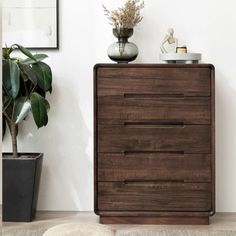 a wooden dresser sitting next to a plant in a living room with white walls and flooring