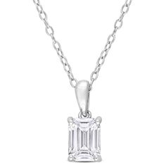 This trendy solitaire pendant is crafted in shiny sterling silver and features an emerald-cut created moissanite gemstone in a 4 prong setting. Enhanced with a high polish finish, this pendant is suspended from an 18-inch round cable chain. This glitzy pendant makes a must have jewelry addition for all the savvy fashionistas out there. Silver Solitaire Necklace With Emerald Cut For Formal Occasions, Silver Emerald-cut Diamond Necklace With Prong Setting, White Gold Solitaire Necklace With Emerald Cut Prong Setting, Silver Emerald Cut Solitaire Necklace, Classic Sterling Silver Diamond Necklace With Emerald Cut, Classic Emerald-cut Diamond Necklace In Sterling Silver, Basket Setting, Emerald Cut Moissanite, Silver Necklaces Women