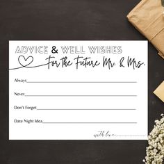 an envelope with the words advice and well wishes for the future mr & mrs