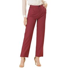 These pants are essential for dressing up or down. Lightweight fabric, covered in a plaid pattern, shapes these trendy trousers with a high-rise fit. How it is a bit high waist and how it gathers at the waist adding shape to the body. You may love everything about these trousers, from their regular fit to the elastic high-waist, which could double as a hiding mechanism for women with love handles. Style these trousers with a crop top and heels for the ultimate look. This fashionable and trendy c Tailored Plaid Casual Bottoms, Tailored Red Bottoms For Business Casual, Chic High-waisted Plaid Pants, Plaid Pants With Pockets For Business Casual, Plaid Business Casual Pants With Pockets, Tailored Casual Plaid Pants, Trendy High-waisted Plaid Pants, Plaid High-waisted Pants For Business Casual, High-waisted Plaid Pants For Business Casual