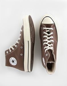 CONVERSE Chuck 70 Canvas High Top Shoes - BROWN | Tillys Brown Shoe Aesthetic, Brown Hightop Converse, Brown Shoes Womens Outfit, Woman’s Shoes, Dark Brown Converse, Vintage Shoes Aesthetic, Brown Converse High Tops, Snikers Shoes, Brown Converse Outfit