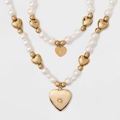 Cute Gold Heart Beads Jewelry, Cute Gold Beaded Necklace, Cute Gold Jewelry With Heart Beads, Cute Pearl Jewelry With Heart Beads, Cute Gold Beaded Necklaces, Cute Gold Pearl Jewelry, Toddler Necklace, Jewelry Dress, Classic Pearl Necklace