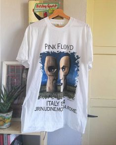 pink floyd t - shirt hanging up on a wall next to a potted plant