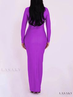 Luxurious Hollow Out Maxi Gown Floor-length Solid Color Evening Dress, Purple Stretch Maxi Dress For Night Out, Evening Bodycon Solid Color Maxi Dress, Long Sleeve Solid Color Maxi Dress For Party, Purple Fitted Long Sleeve Gown, Long Sleeve Solid Color Maxi Party Dress, Long Fitted Dress In A Specific Color, Long Fitted Solid Color Dresses, Solid Color Long Fitted Dress