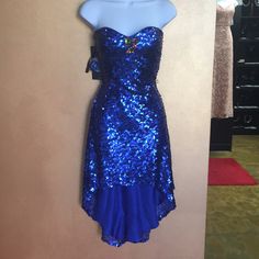 Blue Sequin Cocktail Dress Strapless And Comes With Attachable Straps Blue Strapless Dress With Sequins For Evening, Blue Sequined Strapless Dress, Blue Strapless Sequin Dress, Royal Blue Strapless Dress For Prom Season, Royal Blue Strapless Dress For Prom, Blue Strapless Dress With Sweetheart Neckline For Prom, Blue Fitted Strapless Dress For Prom Season, Blue Strapless Dress For Homecoming Prom Season, Blue Fitted Strapless Dress For Homecoming