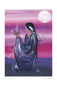 a painting of a woman sitting on the ground holding a glass in her hand and looking at the moon