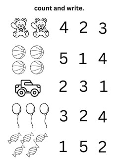 This worksheet is about count and write for preschool kids. Writing Numbers Preschool, Worksheets For Playgroup, Easy Math Worksheets, Count And Write, Handwriting Worksheets For Kids, Math Fact Worksheets