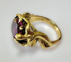 Antique Art Nouveau 14k Figural 8 ct Sapphire Statement Ring 9.5g c1920s-30s  Possibly Arts and Crafts Hand crafted, beautiful Large Purple Sapphire 8 ct S 8 US Resizable Excellent antique condition Art Deco Yellow Gold Ruby Ring For Formal Events, Formal Art Deco Ruby Ring In Yellow Gold, Art Deco Yellow Gold Amethyst Ring For Formal Occasions, Formal Yellow Gold Rings With High Luster, High Luster Yellow Gold Rings For Formal Occasions, Formal High Luster Yellow Gold Rings, Formal Gold Amethyst Ring With Polished Finish, Art Nouveau Yellow Gold Jewelry For Formal Occasions, Polished Vintage Amethyst Ring