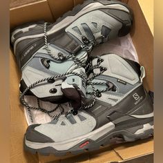 Bnwt! Excellent Condition. Never Worn. Solomon Hiking Boots. Paid $250 At Rei And Never Used Them. Women’s Size 8.5. True To Size. Gortex Material. Blue/ Grey Color. Love These! Solomon Hiking Boots, Blue Grey Color, Salomon Shoes, Grey Color, Winter Rain, Blue Gray, Rain Boots, Hiking Boots, Blue Grey