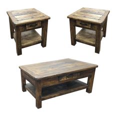 three wooden tables sitting next to each other