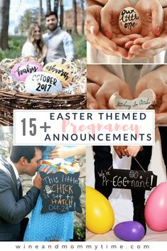 some people holding signs and balloons with the words, easter themed announcements on them