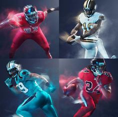 four different football players are shown in this composite image, each with their own uniform and number