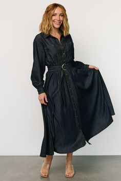 Hansel Long Sleeve Denim Dress | Dark Blue Long Denim Dress, Long Sleeve Denim Dress, Dress Dark Blue, Baltic Born, Dark Blue Denim, Denim Material, Dark Yellow, Dark Blue Color, Adjustable Belt