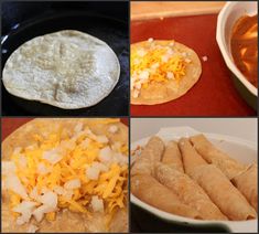 four different pictures of food including tortillas, cheese and sauce on the table