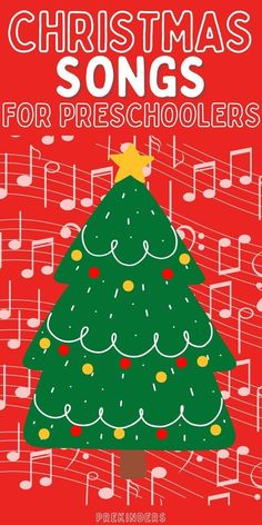 the christmas song for preschoolers is shown in red and green with musical notes around it