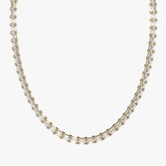 Experience luxurious elegance with our 14k solid gold East West Emerald Cut Tennis Necklace. Carefully selected and arranged, each lab-grown / lab created diamond creates a clean line, each diamond 0.08ct each. With a total of over 10 carats, this necklace will make a statement and become a staple in your jewelry collection. Perfect for any occasion, this necklace is a must-have for anyone who appreciates standout luxury and style. Product Details: Metal Type: 14K Gold, White Gold / Yellow Gold Gold Cubic Zirconia Link Necklace, Classic Link Diamond Necklace With Accents, Cubic Zirconia Chain Necklace For Anniversary, Cubic Zirconia Chain Necklace With Brilliant Cut For Anniversary, White Gold Diamond Necklace Tarnish Resistant, Tarnish Resistant Diamond Necklace In Fine Jewelry Style, Gold Diamond Necklace With Baguette Cut And Diamond Accents, Gold Baguette Cut Diamond Necklace With Accents, Baguette Cut Diamond Necklace With Diamond Accents In Gold