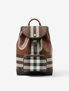 Check and Leather Backpack in Dark Birch Brown - Women | Burberry® Official Burberry Backpack, Burberry Vintage, Medium Backpack, Burberry Handbags, Zip Pouch, Check Pattern, Burberry Bag, Luggage Tags, Leather Top