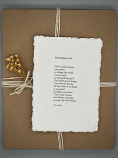 a card with a poem on it tied to a brown paper and twine around the edges