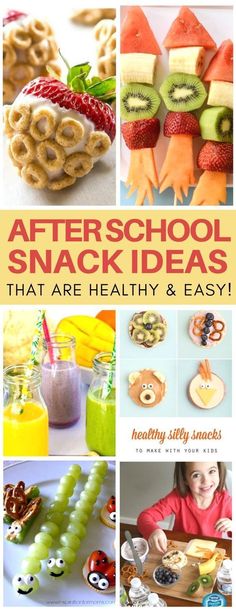 the cover of after school snack ideas that are healthy and easy, with pictures of food items