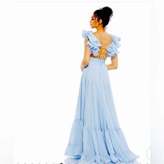 Mac Duggal Ruffle Tiered Cut Out Chiffon Backless Lace Up Gown Powder Blue Size 2 Nwt Style #67911 Floor Length Tiered Gown With Sexy Side Cutouts, A Lace-Up Back, And Dramatic Ruffles At The Shoulder. This Best Selling Silhouette Is Flattering On Most Body Types. Mac Duggal Chiffon Fabric (100% Polyester) Fully Lined V-Neck Short Sleeve Draped Pleated Bodice Ruffle Shoulder Detailing Back Zipper Full Length Approx. 62.5" From Top Of Shoulder To Bottom Hem Color Powder Blue Style #67911 Evening Gown, Black Tie, Formal, Prom, Gala, Ruffle Shoulder, Backless Lace Up Dress, Feminine, Formal Event, Special Occasion, Wedding, Homecoming, Dance, Celebration, Party, New Years Eve, Awards Banquet Chiffon Evening Dress With Ruffles For Prom Season, Blue Ruffled Evening Dress For Bridesmaids, Chiffon Prom Evening Dress With Ruffles, Blue Chiffon Gown For Prom Season, Blue Chiffon Gown For Prom, Blue Chiffon Prom Gown, Blue Maxi Dress For Spring Evening, Blue Maxi Dress With Ruffles And Flowy Skirt, Light Blue Chiffon Maxi Dress With Ruffles