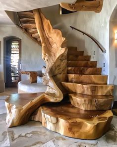 a staircase made out of wood in the middle of a room with marble flooring