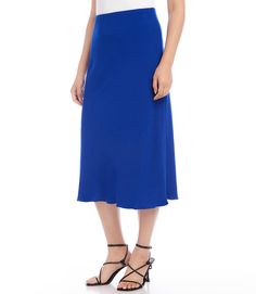 Featuring a figure-flattering silhouette with its mid-rise waist and flowy bias cut, this timelessly designed skirt is perfect no matter the occasion. The fabric flows naturally and moves with you, ensuring comfort without compromising on style. Moss Crepe: 100% Polyester Made in USA of Japanese fabric Length: 31 1/4 inches (size M) Dry Clean Only Midi length Elasticized waistband | Karen Kane Bias Cut Midi Skirt in Royal, Size S, Plain, 100% Polyester Bohemian Chic Outfits, Bias Cut Skirt, Karen Kane, Japanese Fabric, Night Looks, Bohemian Chic, Holiday Dresses, Special Occasion Dresses, Skirt Fashion