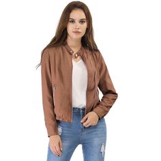 Refresh your moto jacket collection with this lightweight jacket. Simple and understated, designed with a stand collar and centre-front zip closure, making it versatile for styling up and down. It boasts button embellishments across the cuffs and neckline, inspired by the classic biker design. A contemporary join on a classic design, pair this with jeans or over a dress for a chic outfit. Size: medium. Color: brown. Gender: female. Age Group: adult. Pattern: Solid. Material: Polyester. Casual Long Sleeve Biker Jacket With Zip Fly, Spring Biker Jacket With Metal Zipper, Spring Long Sleeve Biker Jacket With Metal Zipper, Spring Long Sleeve Outerwear With Metal Zipper, Spring Biker Jacket With Stand Collar, Stand Collar Windbreaker, Casual Fitted Biker Jacket With Stand Collar, Casual Leather Jacket With Zipper Closure, Spring Casual Biker Jacket With Zipper Closure