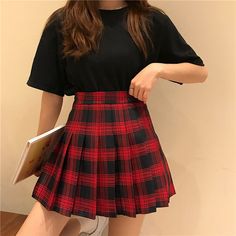 cutiekill-plus-size-gothic-wine-plaid-a-line-pleated-skirt-c01511 Red Checked Skirt Outfit, Plaid Skirt Pleated, Red Plaid Skirt Outfit, Checked Skirt Outfit, Red Check Skirt, Alt Style Outfit, Plus Size Gothic, Red Pleated Skirt, Plaid Skirt Outfit