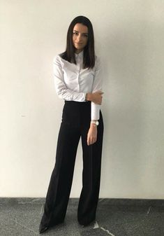 Dress Pants Formal Outfits, Blouse And Slacks Women, White Shirt And Black Pants Women Formal, Black Slacks White Button Up Women, Formal Doctor Outfit, White Shirt Black Trousers Outfit Women, White Shirt And Black Trousers For Women, White Top Black Bottom Outfit Formal, White Formal Shirt Outfit Women