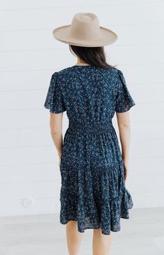 Jemma modest midi dress-NEW – JanieLanie Modest Boutique, Modest Midi Dress, Nursing Friendly Dress, Blue Floral Midi Dress, Modest Maxi, Temple Dress, Modest Tops, Modest Skirts, Flowy Skirt