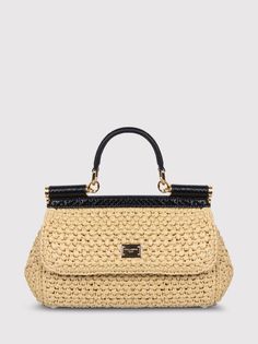 Elongated raffia crochet Sicily handbag by DOLCE & GABBANAFront flap with hidden double magnetic fasteningBranded tag featuring two metal plated finishesTop handle and adjustable, detachable strap in python skinFabric lining and flat pocketMetal feet studs on the baseComposition: Outer: 70% Viscose, 30% Python Molurus. Lining: 80% Calf Leather, 15% Cotton, 5% Acrylic