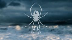 a white spider sitting on top of a beach next to the ocean under a cloudy sky