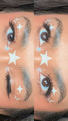 White Eyeliner Looks Aesthetic, New Years Graphic Eyeliner, Easy Space Makeup, Metallic Graphic Liner, Star Graphic Liner Makeup, Stars On Face Makeup, Winter Eyeliner Looks, Firework Eyeliner, Graphic Liner With Gems