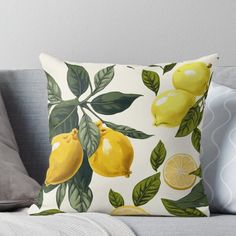 lemons and leaves on a white background throw pillow