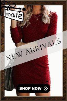 Red Long Sleeve Wrap Hem Mini Dress Crew Neck Mini Dress For Night Out In Fall, Casual Burgundy Midi Dress For Fall, Casual Burgundy Dress For Fall, Red Non-stretch Dress For Fall, Red Non-stretch Winter Dress, Casual Red Midi Dress For Fall, Red Casual Midi Dress For Fall, Red Knee-length Mini Dress For Winter, Winter Red Mini Dress