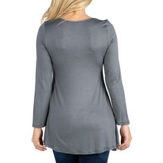 This tunic length long sleeve top combines comfort and style for a chic feminine look. The flared cut accentuates natural curves while the swing style hem, which reaches down to the hips, radiates flowing feminine elegance and allows for ease of movement. The scoop neck and soft, stretchable fabric make for easy pullover styling. Dress up any pair of jeans with this classy addition to the fall wardrobe. Available in a variety of solid colors. Gray V-neck Blouse For Fall, Solid Color Long Sleeve Tops For Layering, Long Sleeve Solid Color Tops For Layering, Versatile Solid Color Long Sleeve Top, Versatile Long Sleeve Solid Color Top, Long Sleeve Solid Tops For Layering, Solid Long Sleeve Tops For Layering, Fall Season Plain Crew Neck Blouse, Fall Plain Crew Neck Blouse