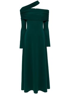 dark green jersey texture off-shoulder layered design off-shoulder crossover neck strap ruched detailing long sleeves A-line ankle-length straight hem Off-shoulder Green Midi Dress For Evening, Fall Off-shoulder Evening Maxi Dress, Fall Evening Off-shoulder Maxi Dress, Fall Off-shoulder Maxi Dress For Evening, Green Ruched Off-shoulder Maxi Dress, Green Maxi Length Off Shoulder Dress, Green Off-shoulder Ruched Midi Dress, Long Sleeve Green Dress, Dressy Fall Dresses