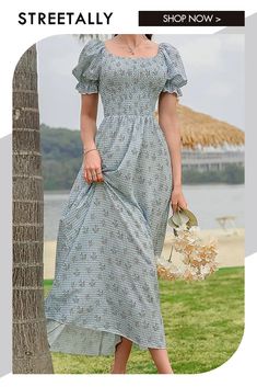 Fashion Floral Square Neck Puff Sleeve Elegant Maxi Dresses Maxi Dress Outfit, Elegant Maxi Dress, Floral Squares, Style Maxi Dress, Types Of Skirts, Floral Maxi Dress, Square Neck, Skirt Length, Dress Brands