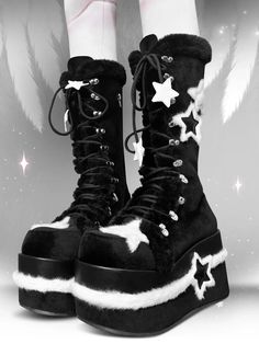 Fleece Star Patches Winter Black Platform Boots Winter Concert Platform Boots, Emo Style Winter Boots For Streetwear, Winter Concert High Ankle Platform Boots, Winter High Ankle Platform Boots For Concerts, Black Alternative Style Platform Boots For Winter, Black Platform Boots For Alternative Winter Fashion, Alternative Black Platform Boots For Winter, Emo Winter Platform Boots For Streetwear, Punk Style Synthetic Winter Boots